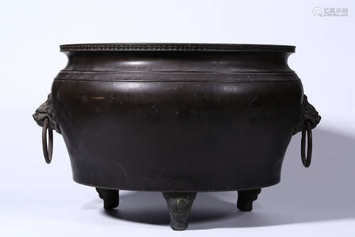 JAPANESE BRONZE CAST TRIPOD CENSER WITH LION MASK HANDLES