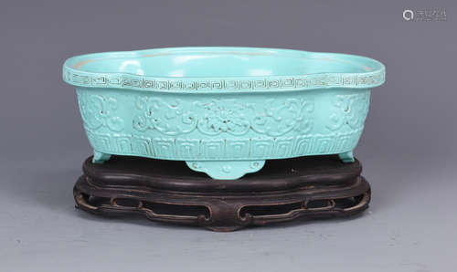 TURQUOISE GLAZED AND CARVED 'FLOWERS' PLANTER