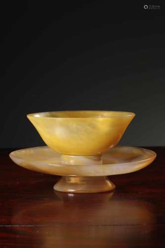 SET OF AGATE CARVED CUP AND SAUCER