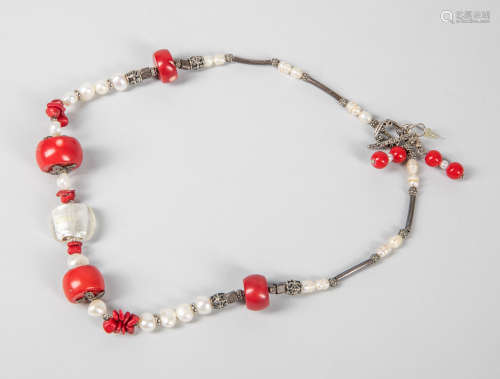Sterling Silver & Coral Like Pearl Necklace