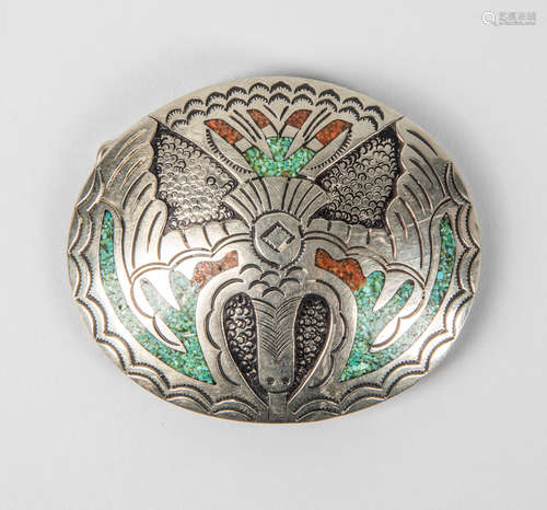 Designed Navajo J. Nezzie Silver Turquoise Belt Buckle