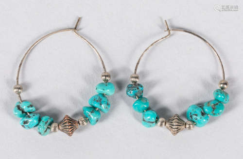 Art Sterling Turquoise Stone Hoop Earrings