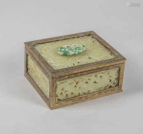 Chinese Antique Carved Jade & Brass Box