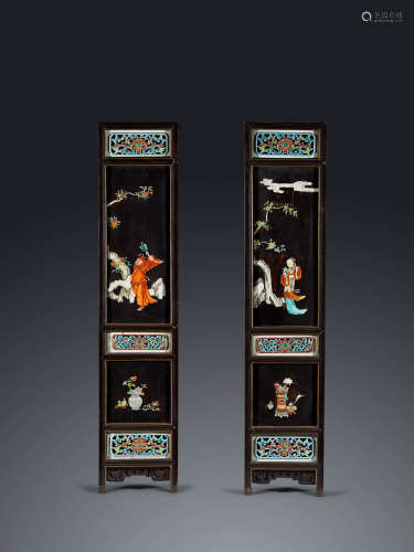 清中期 木胎漆绘嵌人物故事图瓷板双屏