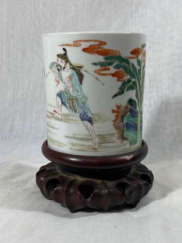 Chinese Famille Verte Porcelain Brushpot - Fisherman