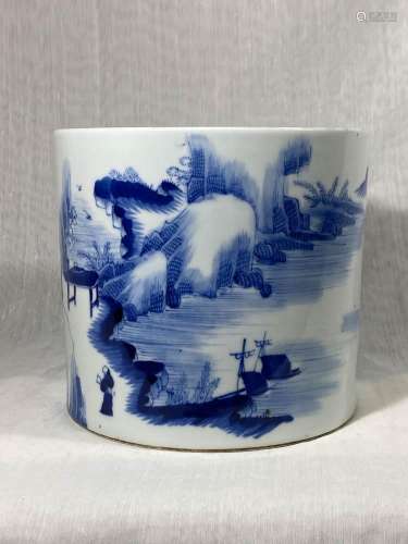 Chinese Blue White Porcelain Brushpot with Fisherman