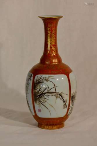 Chinese Porcelain longneck Coral Red Vase