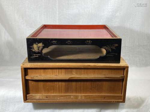 Japanese Square Lacquer Tray with Red Interior - Pine