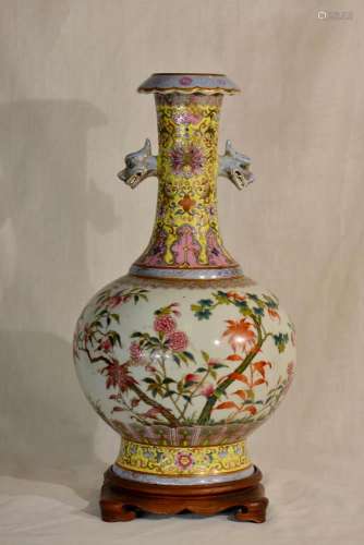 Chinese Famille Rose Longneck Vase with Foodog Handle