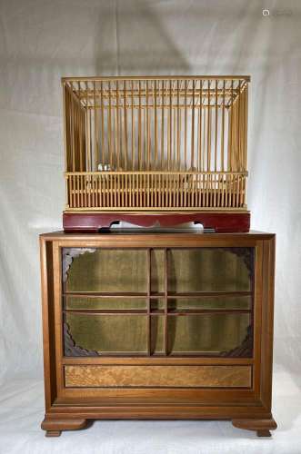 Japanese Bamboo and Lacquer Bird Cage in Wood Case