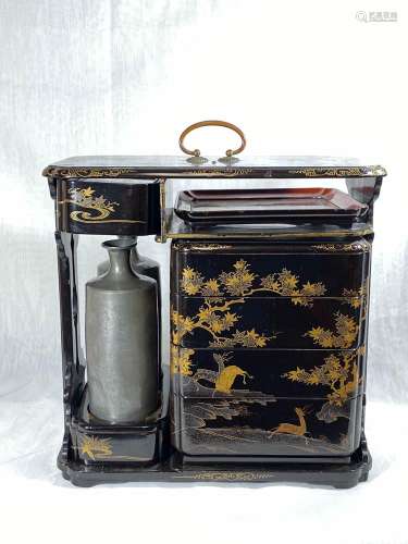 Japanese Edo Period Lacquer Picnic Set with Pewter