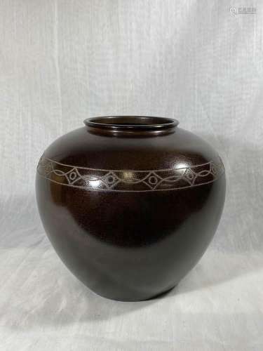 Japanese Art Deco Bronze Vase with Silver Bead Inlay