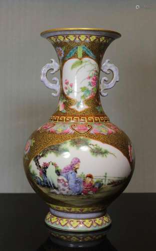 Chinese Famille Rose Porcelain Vase of Scholar Scene -