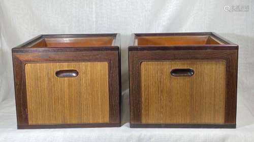 Japanese Wood Hibachi with Copper Liner - Signed Pair