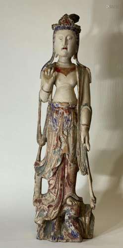 Chinese Carved Wood Kuanyin with Polychrome DÃ©cor