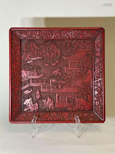 Chinese Carved Red Lacquer Tray - Scholar in Garden