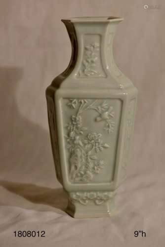 Chinese Celadon Hexagonal Vase with Low Relief