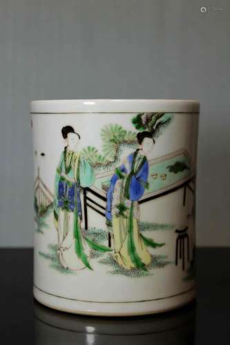Chinese Famille Verte Porcelain Brushpot - lady Scene -
