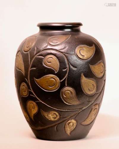 Japanese Deco Style Bronze Vase with Leaf Pattern