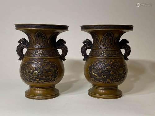 Pair Japanese Bronze Vases with Dragon and Kirin DÃ©cor