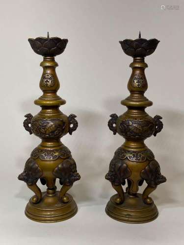 Pair Japanese Bronze Candle Holder with Turtle
