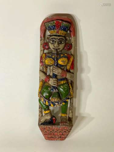 Antique Carved Wood Indian Diety with Polychrome DÃ©cor