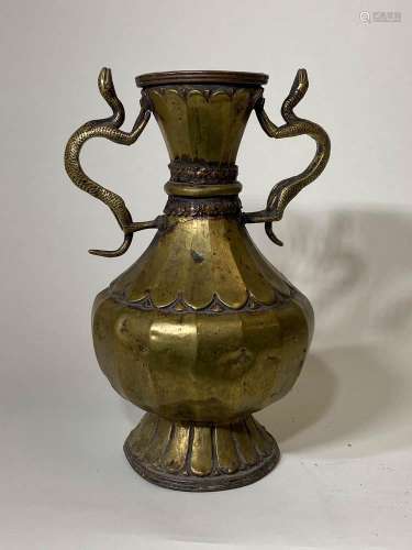 Tibetan Bronze Vase with Double Dragon Handle