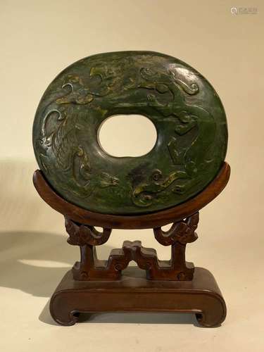 Chinese Spinach Green Jade Disk on Stand