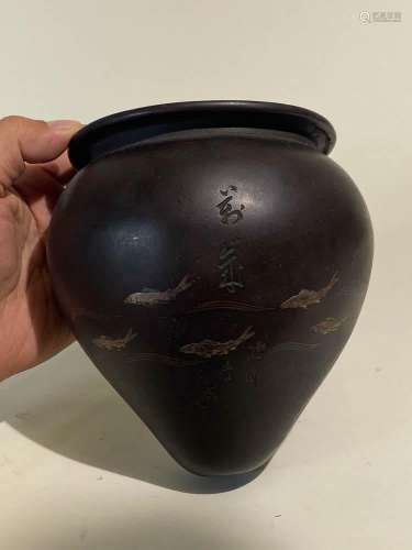 Japanese Meiji Bronze Wall Vase - Mixed Metal Koi
