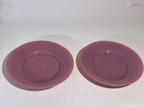 Pair Chinese Peking Glass Dishes - Pink