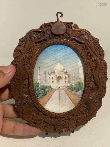 Indian Boxwood Panel with Painted Palace Scene