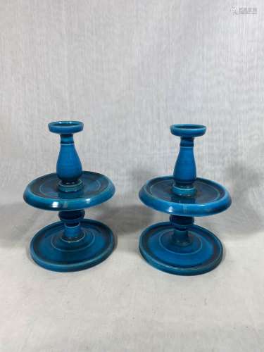Pair Chinese Peacock Blue Porcelain Candle Sticks