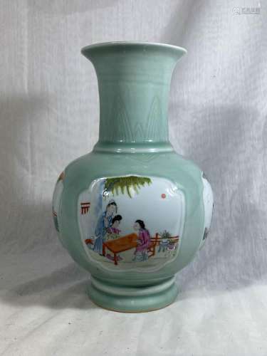 Chinese Celadon Porcelain Vase with Famille Rose