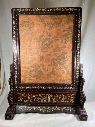 Chinese Rosewood Table Screen with Embroidery - Dragon