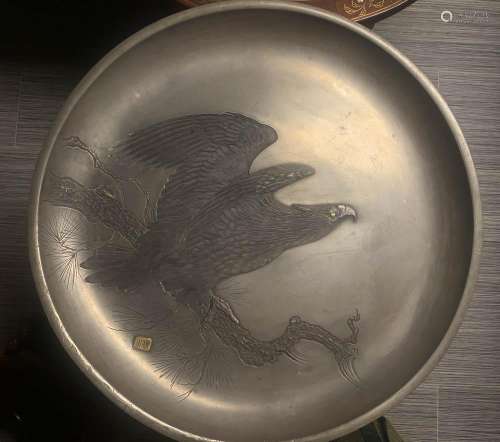 Japanese Pewter Charger with Mixed Metal Hawk