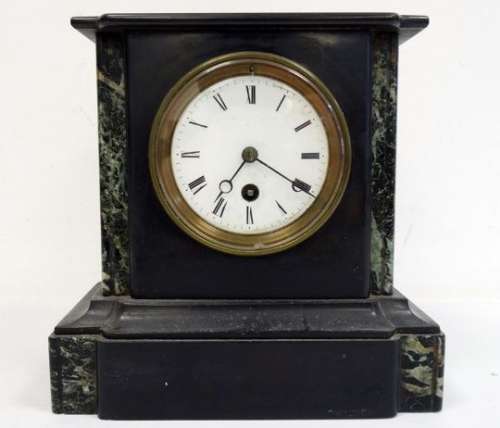 Victorian black slate mantel single train clock, white enamel dial with Roman numerals and black '