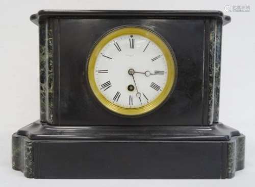 Victorian black slate mantel clock by 'Swinden & Sons, Paris', white enamel dial, Roman numerals and