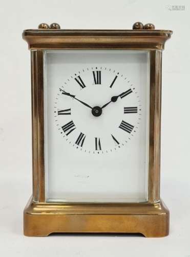 19th century brass four-glass carriage clock with enamel dial and Roman numerals