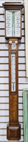 19th century oak stick barometer  Condition ReportThe top section of the barometer appears loose/