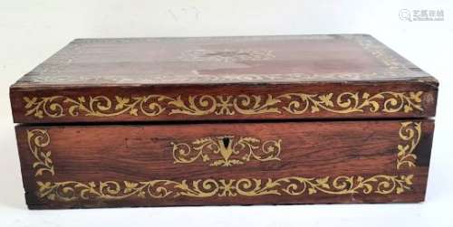 19th century rosewood and intricately brass inlaid writing slope with fitted interior, 45.5cm x 14.