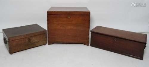 Old hardwood military style two (swan neck) handled box with corner dovetail joints, an empty fitted