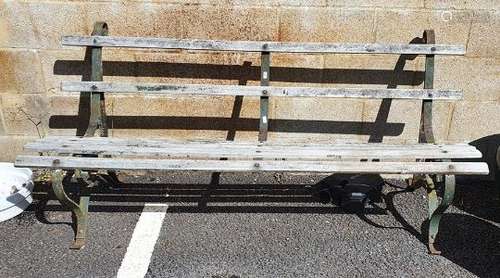 Wooden slatted wrought iron bench, 184cm long