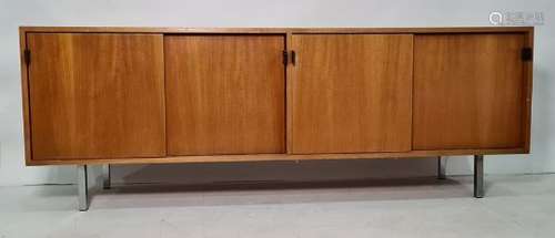 Possibly Florence Knoll Teak sideboard with sliding doors and square sectioned tubular metal