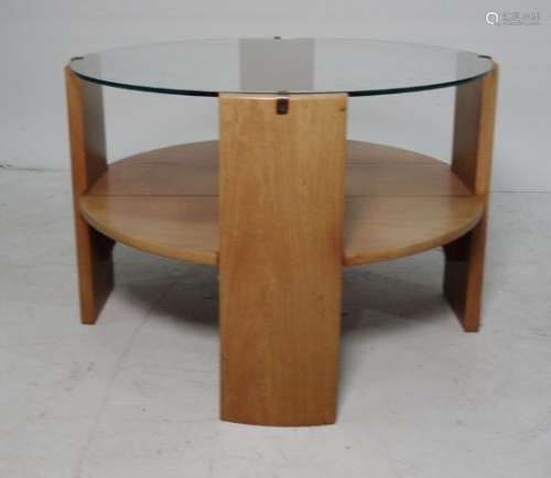 Circular two-tier coffee table, the glass top over four supports, teak under-tier, 63cm dia.