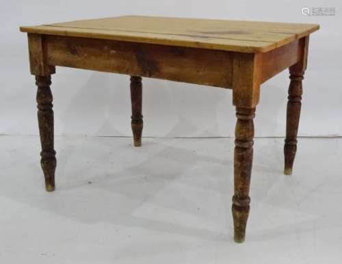 Early 20th century pine rectangular kitchen table on turned supports together with four modern