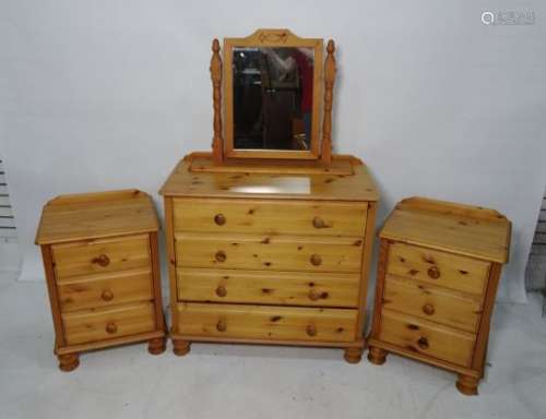 20th century pine bedroom suite comprising chest of four drawers, two bedside chests of three