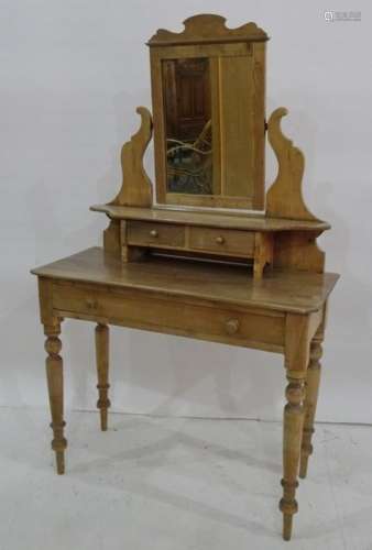 19th century pine and possibly ash dressing table with single mirror superstructure with two short
