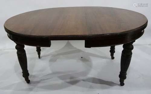 19th century mahogany D-end extending dining table on four turned and fluted supports to brown china