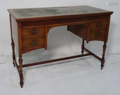 Late Victorian Arts and Crafts style desk, the rectangular top with green tooled leather inset