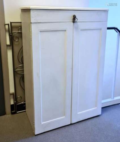 White painted two door wardrobe, the hinged mechanised doors opening to reveal integral hanging